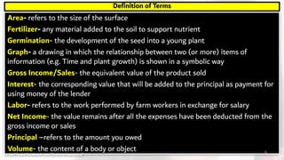 Area- refers to the size of the surface
Fertilizer- any material added to the soil to support nutrient
Germination- the development of the seed into a young plant
Graph- a drawing in which the relationship between two (or more) items of
information (e.g. Time and plant growth) is shown in a symbolic way
Gross Income/Sales- the equivalent value of the product sold
Interest- the corresponding value that will be added to the principal as payment for
using money of the lender
Labor- refers to the work performed by farm workers in exchange for salary
Net Income- the value remains after all the expenses have been deducted from the
gross income or sales
Principal –refers to the amount you owed
Volume- the content of a body or object
Definition of Terms
4https://www.facebook.com/jirehmathematics/
 