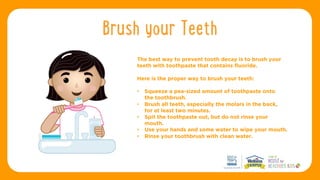 Brush your Teeth
The best way to prevent tooth decay is to brush your
teeth with toothpaste that contains fluoride.
Here i...