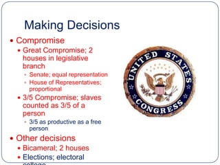 Making Decisions
 Compromise
   Great Compromise; 2
    houses in legislative
    branch
     Senate; equal representation
     House of Representatives;
      proportional
   3/5 Compromise; slaves
   counted as 3/5 of a
   person
     3/5 as productive as a free
      person
 Other decisions
   Bicameral; 2 houses
   Elections; electoral
 
