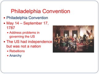 Philadelphia Convention
 Philadelphia Convention
 May 14 – September 17,
 1787
  Address problems in
   governing the US
 The US had independence,
 but was not a nation
  Rebellions
  Anarchy
 