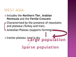 West asiaIncludes the Northern Tier, Arabian Peninsula and the Fertile CrescentCharacterized by the presence of mountains and plateaus (Turkey and Iran).Anatolian Plateau (supports farming)Iranian plateau: land is dryLarge populationSparse population