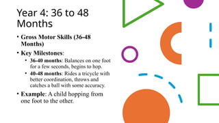 Year 4: 36 to 48
Months
• Gross Motor Skills (36-48
Months)
• Key Milestones:
• 36-40 months: Balances on one foot
for a few seconds, begins to hop.
• 40-48 months: Rides a tricycle with
better coordination, throws and
catches a ball with some accuracy.
• Example: A child hopping from
one foot to the other.
 