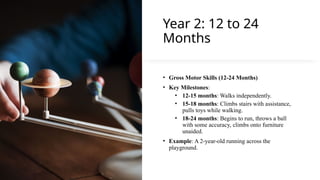 Year 2: 12 to 24
Months
• Gross Motor Skills (12-24 Months)
• Key Milestones:
• 12-15 months: Walks independently.
• 15-18 months: Climbs stairs with assistance,
pulls toys while walking.
• 18-24 months: Begins to run, throws a ball
with some accuracy, climbs onto furniture
unaided.
• Example: A 2-year-old running across the
playground.
 