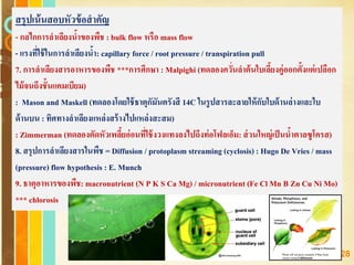 Free Powerpoint Templates
Page 128
สรุปเน้นสอบหัวข้อสาคัญ
- กลไกการลาเลียงน้าของพืช : bulk flow หรือ mass flow
- แรงที่ใช้ในการลาเลียงน้า: capillaryforce / root pressure / transpiration pull
7. การลาเลียงสารอาหารของพืช ***การศึกษา : Malpighi (ทดลองควั่นลาต้นใบเลี้ยงคู่ออกตั้งแต่เปลือก
ไม้จนถึงชั้นแคมเบียม)
: Mason and Maskell (ทดลองโดยใช้ธาตุกัมันตรังสี 14C ในรูปสารละลายให้กับใบด้านล่างและใบ
ด้านบน : ทิศทางลาเลียงแหล่งสร้างไปแหล่งสะสม)
: Zimmerman (ทดลองตัดหัวเพลี้ยอ่อนที่ใช้งวงแทงลงไปถึงท่อโฟลเอ็ม: ส่วนใหญ่เป็นน้าตาลซูโครส)
8. สรุปการลาเลียงสารในพืช = Diffusion / protoplasm streaming (cyclosis): Hugo De Vries / mass
(pressure) flow hypothesis : E. Munch
9. ธาตุอาหารของพืช: macronutrient (N P K S Ca Mg) / micronutrient (Fe Cl Mn B Zn Cu Ni Mo)
*** chlorosis
 
