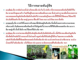  การปักชา คือ การตัดส่วนหนึ่งส่วนใดของพืช เช่น ใบ กิ่ง ลาต้น หรือรากออกจากต้นเดิมไปปักไว้ใน
ดิน ทรายหรือขุยมะพร้าว โดยให้อยู่ในสภาพแวดล้อมที่เหมาะสม ซึ่งส่วนต่างๆ ของพืชนั้นจะออกราก
และแตกยอดเจริญเติบโตเป็นพืชต้นใหม่ต่อไป การยายพันธุ์โดยการชานี้ใช้ได้ทั้งไม้ผลและไม้ดอกไม้
ประดับที่นิยมกัน คือ ส้ม ชมพู่ กุหลาบ เฟืองฟ้า โกสน ชบา มะลิ อ้อย สาเก เป็นต้น
 การตอนกิ่ง คือ การทาให้กิ่งออกรากในขณะที่ยังติดอยู่กับต้นเดิม ซึ่งเมื่อกิ่งออกรากจานวนมากและ
แข็งแรงแล้ว จึงตัดออกจากต้นเดิมแล้วนาไปปลูกต่อไป สามารถใช้ได้กับพืชหลายชนิด เช่น มะนาว
ส้ม ชมพู่ ฝรั่ง ลิ้นจี่ ส้มโอ และไม้ดอกไม้ประดับ ฯลฯ
 การติดตา คือ การนาตาของพืชที่เป็นพันธุ์ดีมาติดเข้ากับพืชอีกต้นหนึ่ง เพื่อให้ตาของพืชเจริญเติบโต
เป็นพืชต้นใหม่ต่อไป นอกจากนี้ ยังช่วยสร้างมูลค่าเพิ่มให้กับพันธุ์ไม้ด้วย โดยเฉพาะการผลิตพืช
แฟนซี ซึ่งเป็นพืชที่ให้ผลผลิตหลายอย่างในต้นเดียวกัน เช่น มะม่วงอกร่องมะม่วงเขียวเสวย มะม่วง
น้าดอกไม้ ในต้นเดียวกัน หรือไม้ดอก เช่น กุหลาบ จะมีดอกหลายสีในต้นเดียวกัน ฯลฯ
 