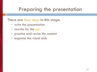 Preparing the presentation There are  four steps  in this stage: write the presentation rewrite for the  ear practise and revise the content organise the visual aids  