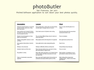 photoButler
                        San Francisco, Jan 2011
Pitched: Software application to sort down your best photos quickly.
 
