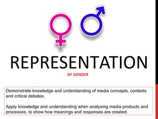 REPRESENTATIONOF GENDER
Demonstrate knowledge and understanding of media concepts, contexts
and critical debates.
Apply knowledge and understanding when analysing media products and
processes, to show how meanings and responses are created.
 
