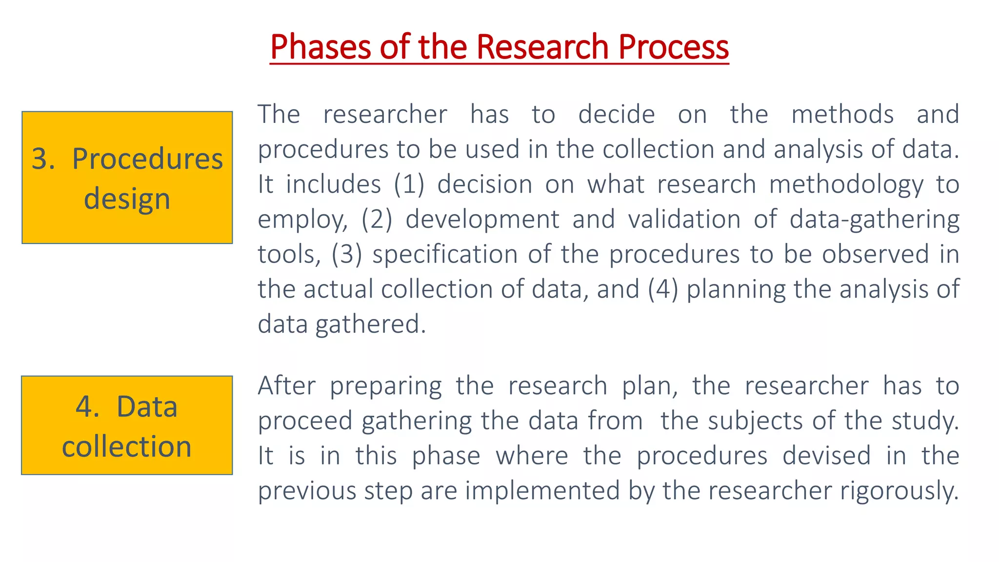 3. Procedures
design
The researcher has to decide on the methods and
procedures to be used in the collection and analysis of data.
It includes (1) decision on what research methodology to
employ, (2) development and validation of data-gathering
tools, (3) specification of the procedures to be observed in
the actual collection of data, and (4) planning the analysis of
data gathered.
Phases of the Research Process
4. Data
collection
After preparing the research plan, the researcher has to
proceed gathering the data from the subjects of the study.
It is in this phase where the procedures devised in the
previous step are implemented by the researcher rigorously.
 