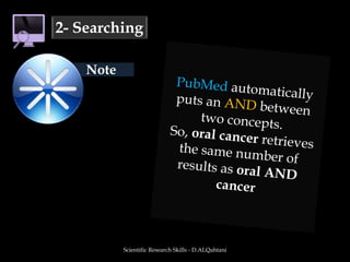 Scientific Research Skills - D.ALQahtani2- SearchingPubMed automatically puts an AND between two concepts. So, oral cancer retrieves the same number of results as oral AND cancerNote