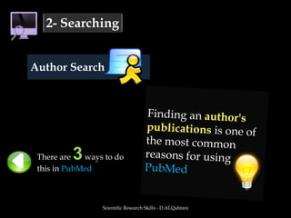Scientific Research Skills - D.ALQahtani2- SearchingLimitsThe Limits Tab allows you to set parameters for your search, which may result in a more relevant retrievalHelpful limits include author, journal, date, publication type (review article, randomized controlled trial etc.), language, human or animal study, age, and gender. 