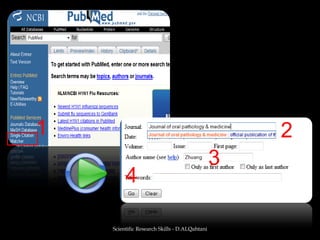 Scientific Research Skills - D.ALQahtani2- SearchingAuthor Search3.Full Author Names may be searched for citations published in 2002 or later, if the full author name is mentioned in the article. Ex. brian j smithExamplehttp://www.ncbi.nlm.nih.gov/sites/entrez?cmd=search&db=pubmed&orig_db=PubMed&term=Brian%20J%20Smith