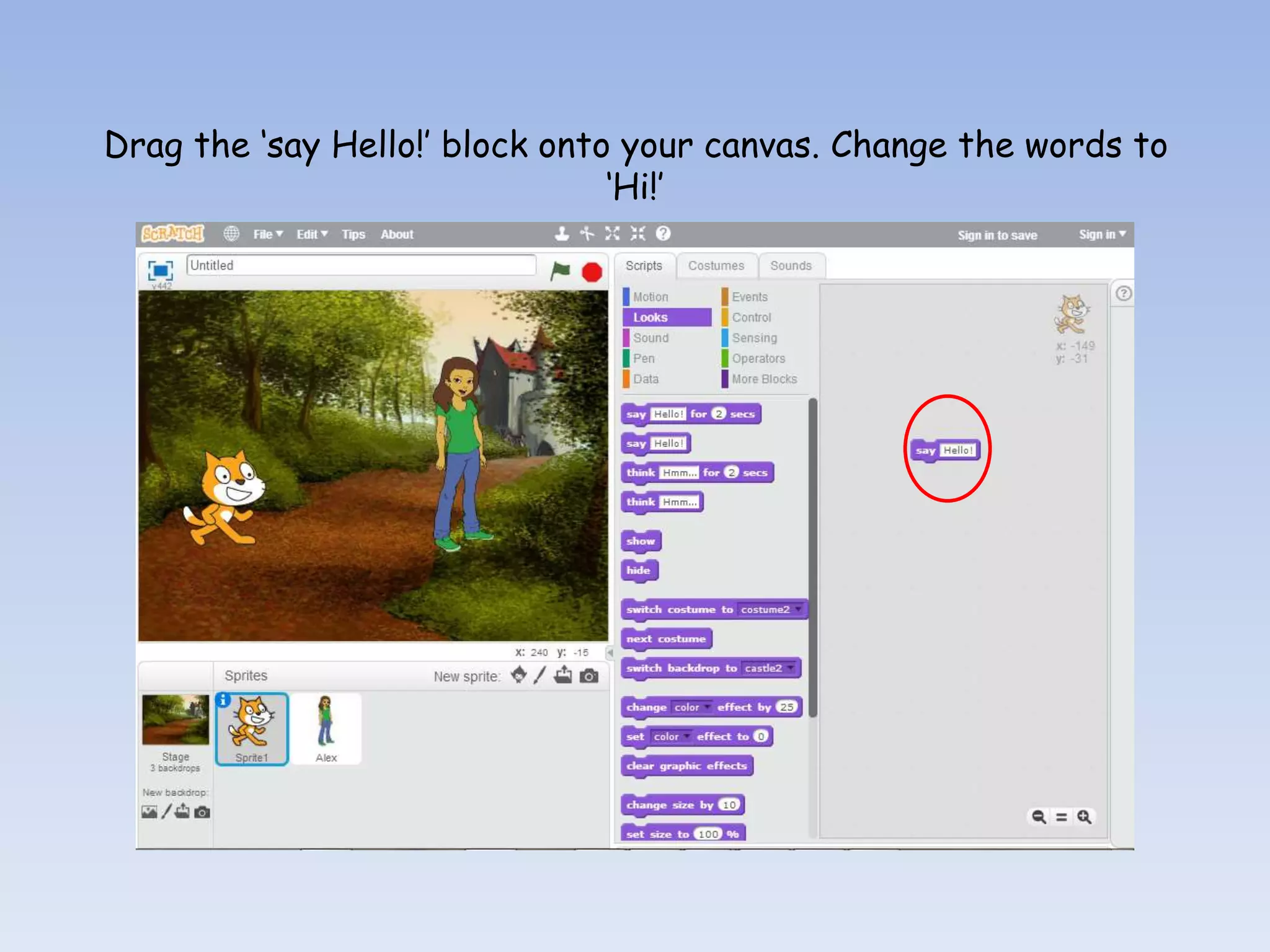 Drag the ‘say Hello!’ block onto your canvas. Change the words to ‘Hi!’ 
