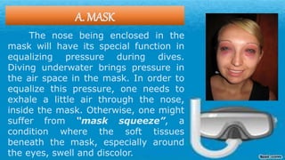 A. MASK
The nose being enclosed in the
mask will have its special function in
equalizing pressure during dives.
Diving underwater brings pressure in
the air space in the mask. In order to
equalize this pressure, one needs to
exhale a little air through the nose,
inside the mask. Otherwise, one might
suffer from “mask squeeze”, a
condition where the soft tissues
beneath the mask, especially around
the eyes, swell and discolor.
 