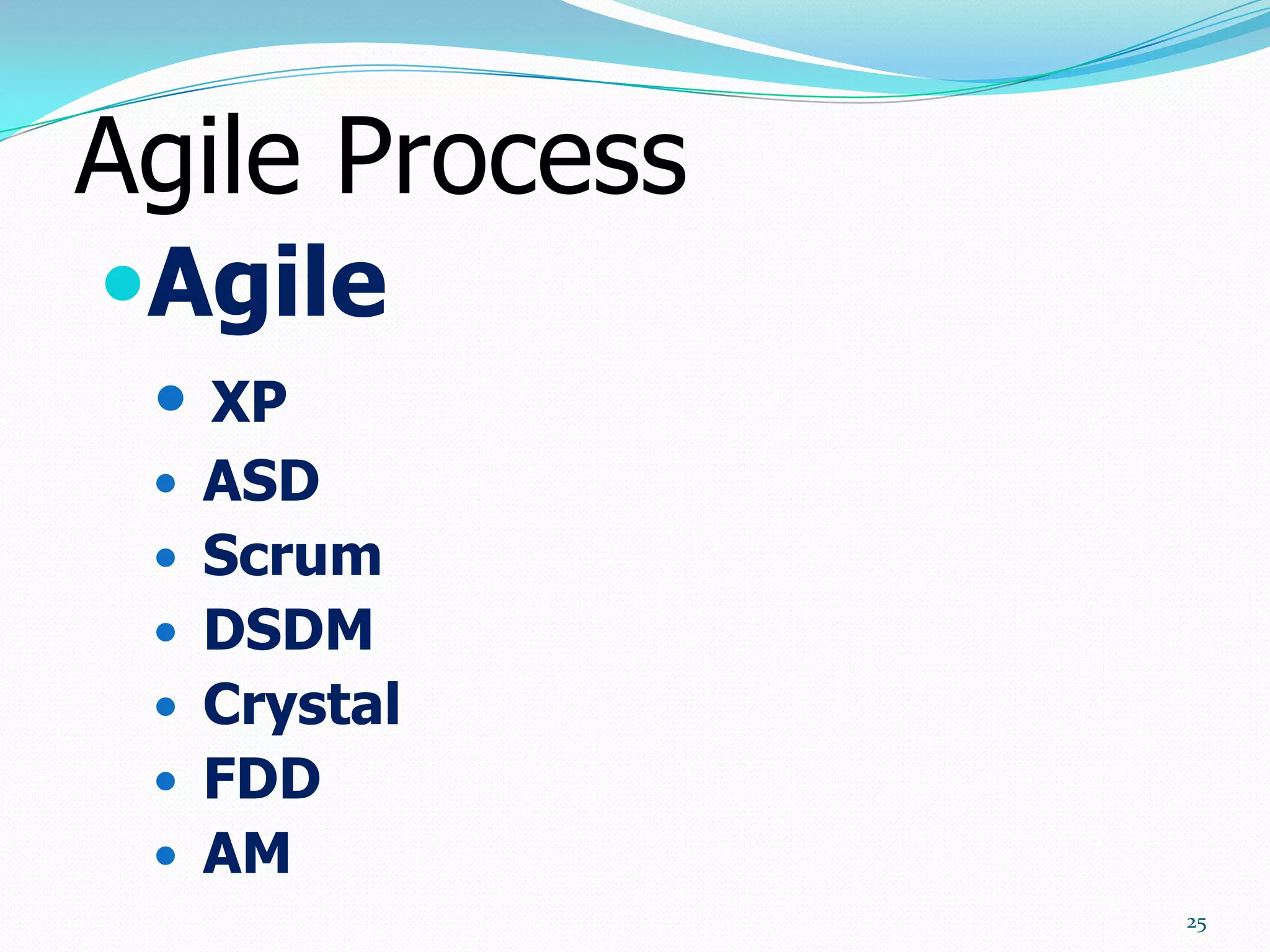 Agile Process
Agile
  XP
  ASD
  Scrum
  DSDM
  Crystal
  FDD
  AM
                25
 