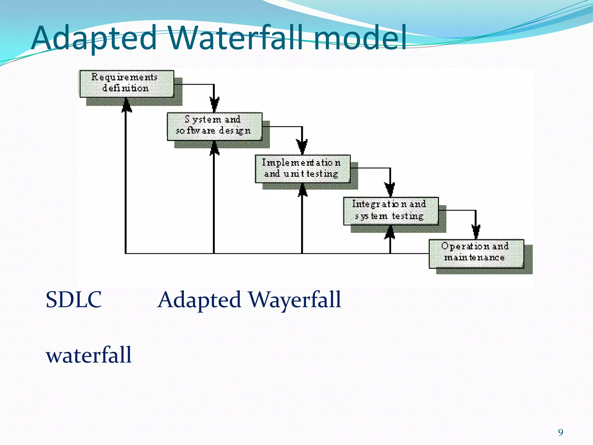 Adapted Waterfall model




SDLC        Adapted Wayerfall

waterfall


                                9
 
