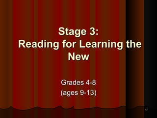Stage 3:  Reading for Learning the New Grades 4-8 (ages 9-13) 