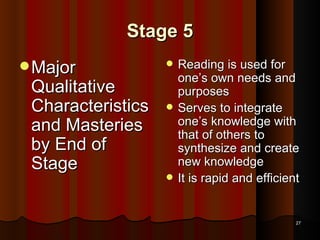 Stage 5 Major Qualitative Characteristics and Masteries by End of Stage Reading is used for one’s own needs and purposes Serves to integrate one’s knowledge with that of others to synthesize and create new knowledge It is rapid and efficient 