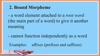 2. Bound Morpheme
- a word element attached to a root word
(the main part of a word) to give it another
meaning
- cannot function independently as a word
Examples: affixes (prefixes and suffixes)
 