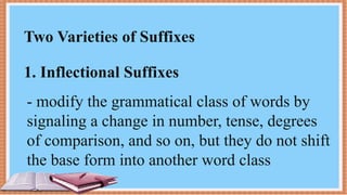 Two Varieties of Suffixes
- modify the grammatical class of words by
signaling a change in number, tense, degrees
of comparison, and so on, but they do not shift
the base form into another word class
1. Inflectional Suffixes
 