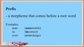 Prefix
- a morpheme that comes before a root word
Examples:
auto- (automobile)
in- (incorrect)
over- (overcharge)
 