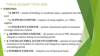 Created by: Sheryl V. Paliza, CPA
 EXPENSES
d. RENT – rentals of building or warehouse space, equipment and other
asset
e. SUPPLIES EXPENSE – expense of using supplies, ex. Office
supplies
f. INSURANCE EXPENSE – portion of premiums paid on insurance
coverage which has expired
 g. DEPRECIATION EXPENSE - the portion of cost of PPE allocated or
charged as expense during an accounting period.
 h. UNCOLLECTIBLE ACCOUNTS EXPENSE – amount of receivables
estimated to be doubtful of collection and charged as expense during an
accounting period.
 i. INTEREST EXPENSE – related to use of borrowed funds
TYPICAL ACCOUNT TITLES USED
 
