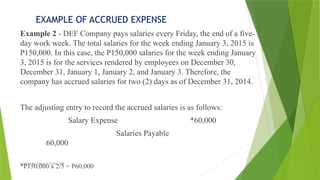 Created by: Sheryl V. Paliza, CPA
Example 2 - DEF Company pays salaries every Friday, the end of a five-
day work week. The total salaries for the week ending January 3, 2015 is
P150,000. In this case, the P150,000 salaries for the week ending January
3, 2015 is for the services rendered by employees on December 30,
December 31, January 1, January 2, and January 3. Therefore, the
company has accrued salaries for two (2) days as of December 31, 2014.
The adjusting entry to record the accrued salaries is as follows:
Salary Expense *60,000
Salaries Payable
60,000
*P150,000 x 2/5 = P60,000
EXAMPLE OF ACCRUED EXPENSE
 