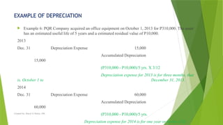 EXAMPLE OF DEPRECIATION
 Example 6: PQR Company acquired an office equipment on October 1, 2013 for P310,000. The asset
has an estimated useful life of 5 years and a estimated residual value of P10,000.
2013
Dec. 31 Depreciation Expense 15,000
Accumulated Depreciation
15,000
(P310,000 - P10,000)/5 yrs. X 3/12
Depreciation expense for 2013 is for three months, that
is, October 1 to December 31, 2013.
2014
Dec. 31 Depreciation Expense 60,000
Accumulated Depreciation
60,000
(P310,000 - P10,000)/5 yrs.
Depreciation expense for 2014 is for one year or twelve (12)
Created by: Sheryl V. Paliza, CPA
 