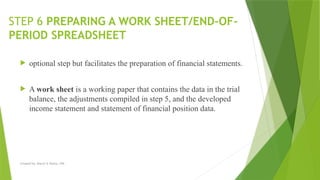 Created by: Sheryl V. Paliza, CPA
STEP 6 PREPARING A WORK SHEET/END-OF-
PERIOD SPREADSHEET
 optional step but facilitates the preparation of financial statements.
 A work sheet is a working paper that contains the data in the trial
balance, the adjustments compiled in step 5, and the developed
income statement and statement of financial position data.
 