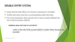 DOUBLE-ENTRY SYSTEM
 means that the dual effects of a business transaction is recorded.
 A debit side entry must have a corresponding credit side entry.
 For every transaction, there must be one or more accounts debited and
one or more accounts credited.
Created by: Sheryl V. Paliza, CPA
NORMAL BALANCE OF AN ACCOUNT
-refers to the side of the account (debit or credit) where increases are
recorded.
 