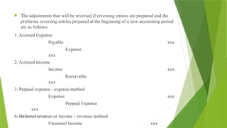Created by: Sheryl V. Paliza, CPA
 The adjustments that will be reversed if reversing entries are prepared and the
proforma reversing entries prepared at the beginning of a new accounting period
are as follows:
1. Accrued Expense
Payable xxx
Expense
xxx
2. Accrued income
Income xxx
Receivable
xxx
3. Prepaid expense - expense method
Expense xxx
Prepaid Expense
xxx
4. Deferred revenue or income – revenue method
Unearned Income xxx
 