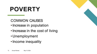 15 Annual Review May 19, 2024
POVERTY
COMMON CAUSES
•Increase in population
•Increase in the cost of living
•Unemployment
•Income inequality
 