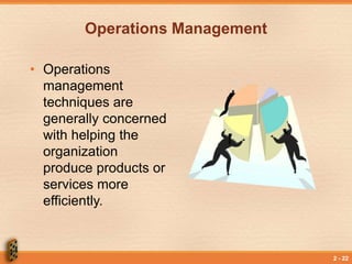 2 - 22
Operations Management
• Operations
management
techniques are
generally concerned
with helping the
organization
produce products or
services more
efficiently.
 
