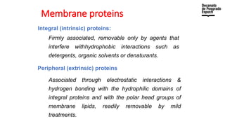 Membrane proteins
Integral (intrinsic) proteins:
Firmly associated, removable only by agents that
interfere withhydrophobic interactions such as
detergents, organic solvents or denaturants.
Peripheral (extrinsic) proteins
Associated through electrostatic interactions &
hydrogen bonding with the hydrophilic domains of
integral proteins and with the polar head groups of
membrane lipids, readily removable by mild
treatments.
 