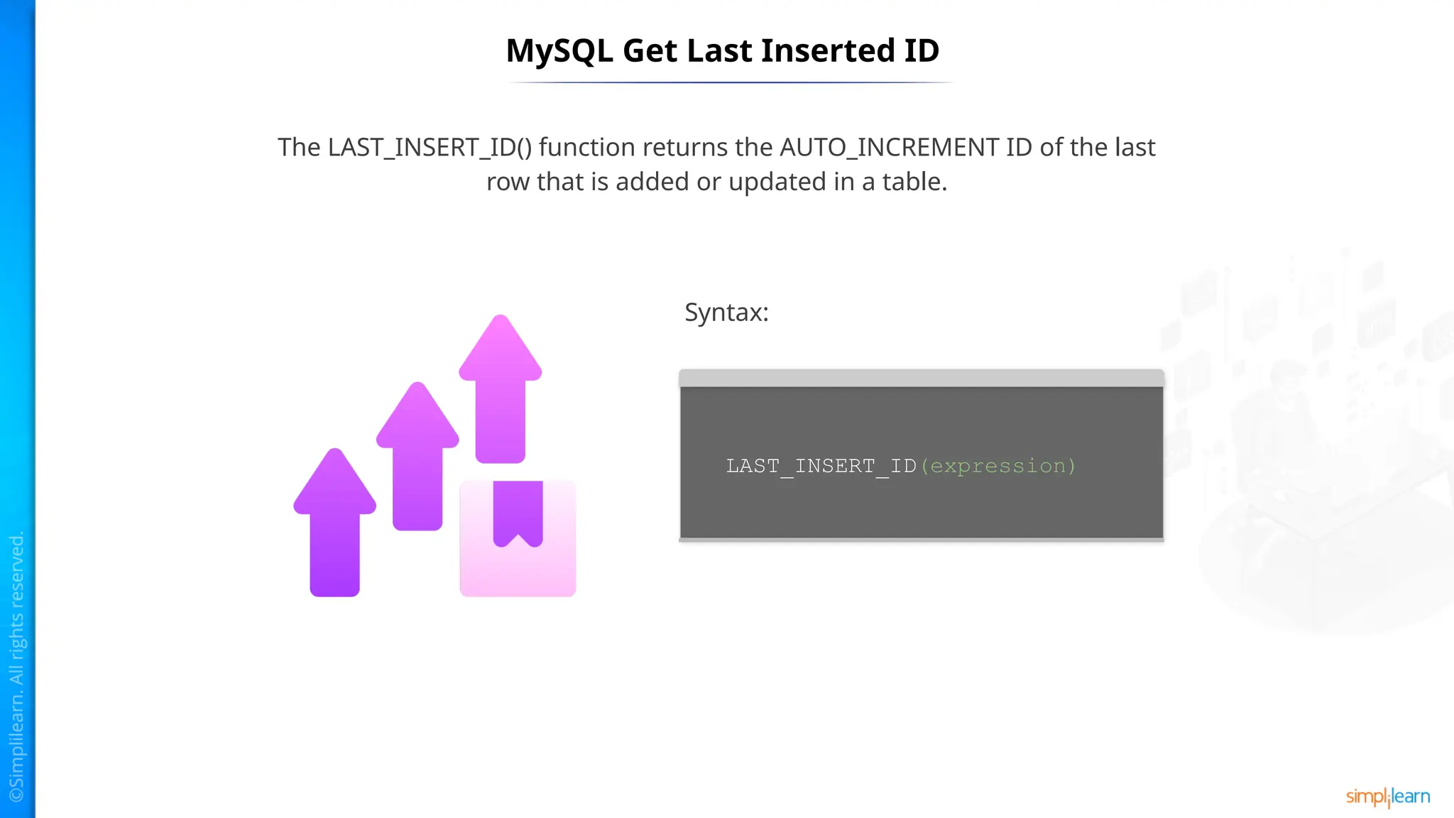 MySQL Get Last Inserted ID
The LAST_INSERT_ID() function returns the AUTO_INCREMENT ID of the last
row that is added or updated in a table.
LAST_INSERT_ID(expression)
Syntax:
 