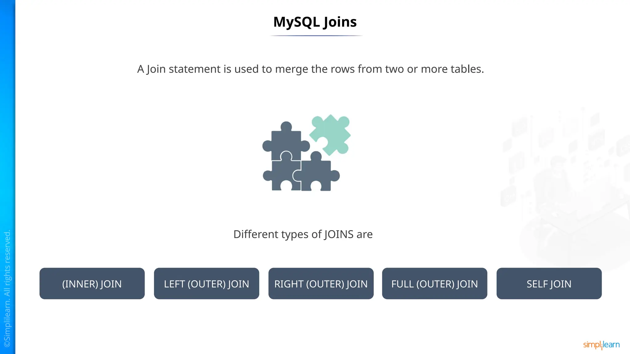 MySQL Joins
A Join statement is used to merge the rows from two or more tables.
Different types of JOINS are
(INNER) JOIN LEFT (OUTER) JOIN RIGHT (OUTER) JOIN FULL (OUTER) JOIN SELF JOIN
 