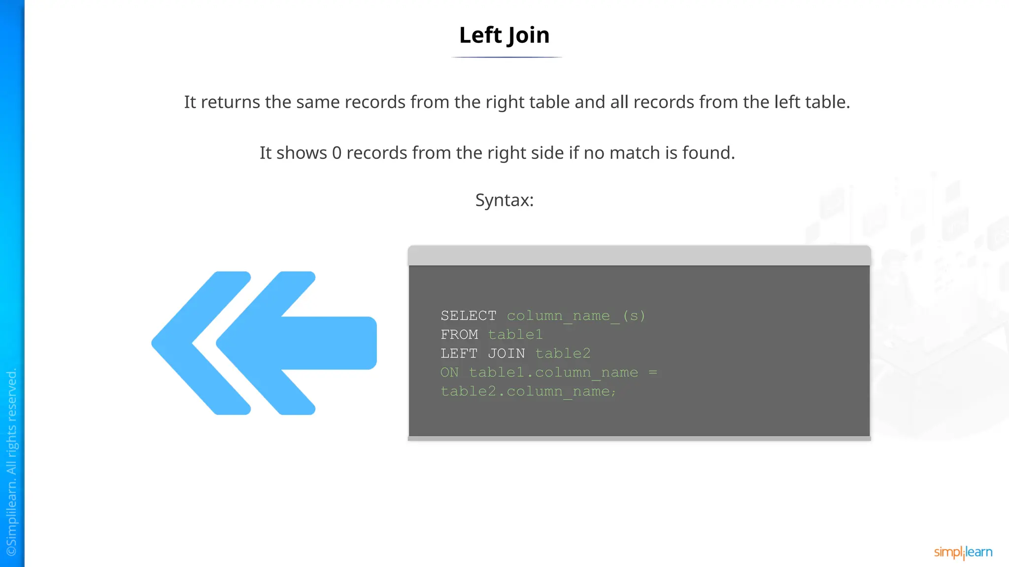 Left Join
It returns the same records from the right table and all records from the left table.
It shows 0 records from the right side if no match is found.
SELECT column_name_(s)
FROM table1
LEFT JOIN table2
ON table1.column_name =
table2.column_name;
Syntax:
 