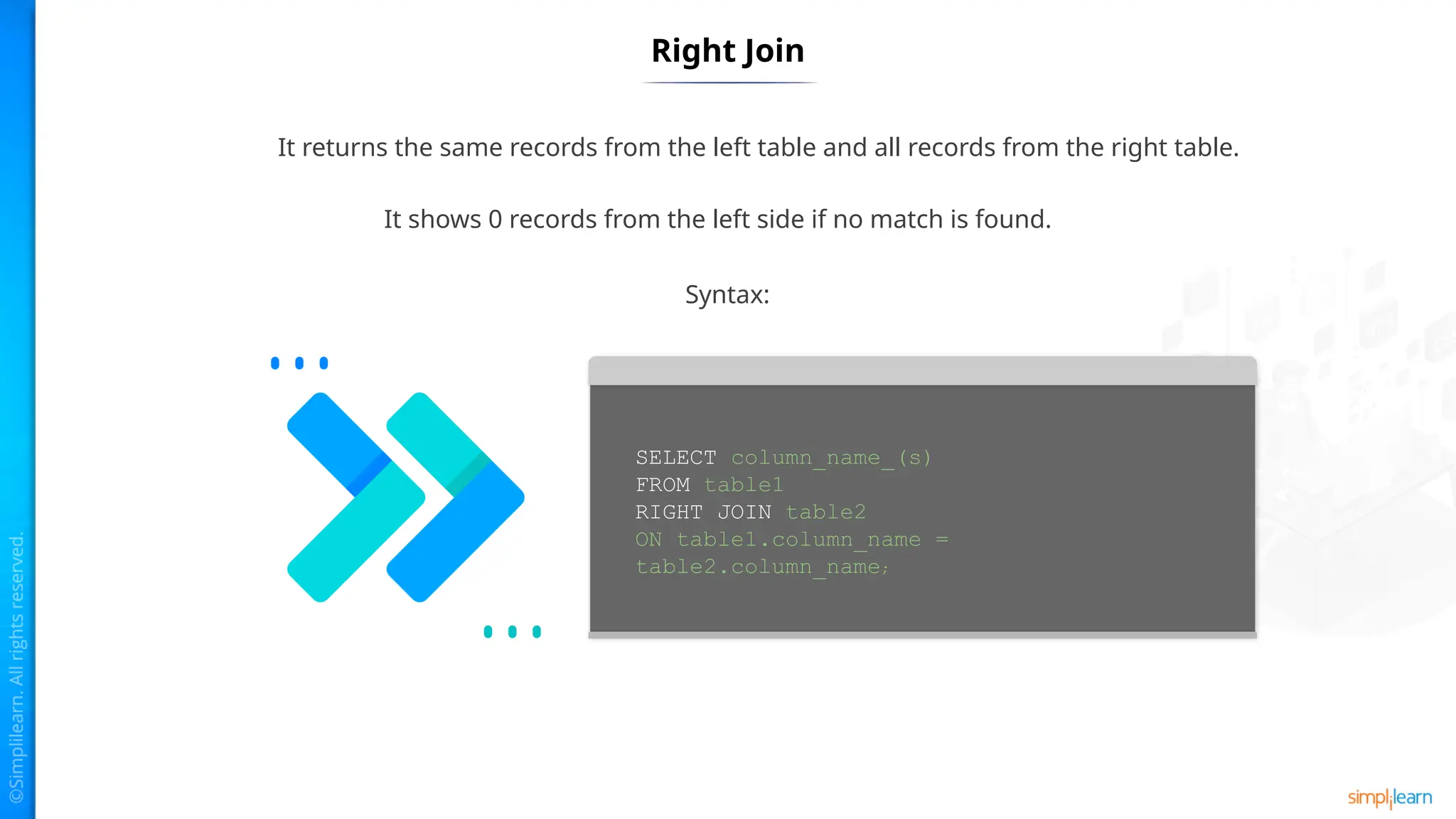 Right Join
It returns the same records from the left table and all records from the right table.
It shows 0 records from the left side if no match is found.
SELECT column_name_(s)
FROM table1
RIGHT JOIN table2
ON table1.column_name =
table2.column_name;
Syntax:
 
