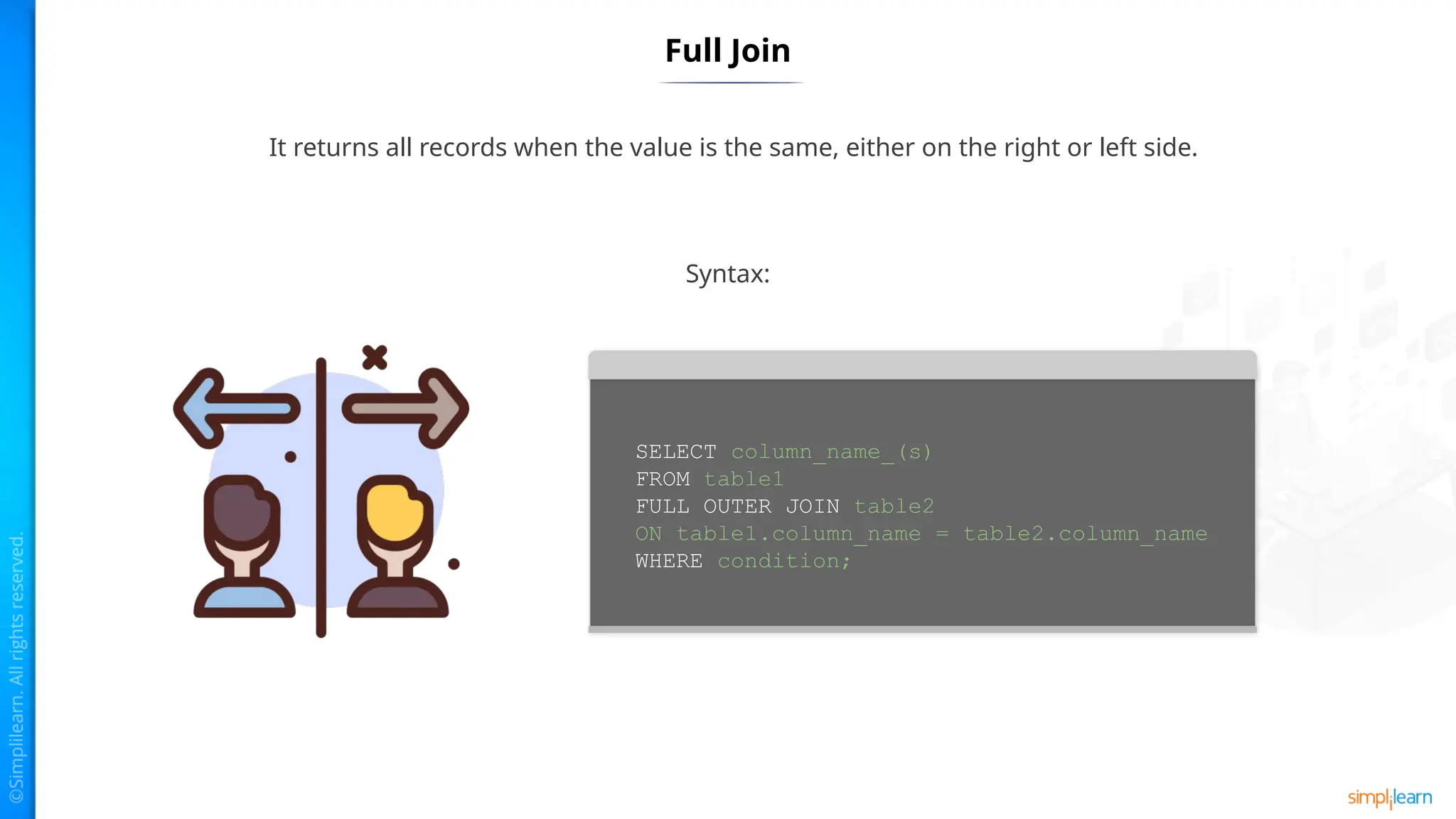 Full Join
It returns all records when the value is the same, either on the right or left side.
Syntax:
SELECT column_name_(s)
FROM table1
FULL OUTER JOIN table2
ON table1.column_name = table2.column_name
WHERE condition;
 