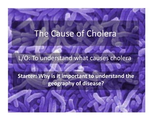 The Cause of Cholera

L/O: To understand what causes cholera

Starter: Why is it important to understand the
           geography of disease?
 