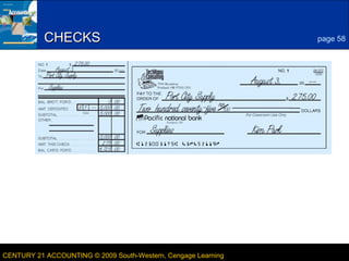 3
LESSON 3-1CENTURY 21 ACCOUNTING © 2009 South-Western, Cengage Learning
CHECKSCHECKS page 58
 