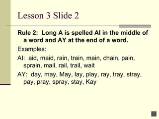 Lesson 3 Slide 2 Rule 2:  Long A is spelled AI in the middle of a word and AY at the end of a word. Examples:  AI:  aid, maid, rain, train, main, chain, pain, sprain, mail, rail, trail, wait AY:  day, may, May, lay, play, ray, tray, stray, pay, pray, spray, stay, Kay 