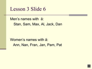 Lesson 3 Slide 6 Men’s names with  ă:  Stan, Sam, Max, Al, Jack, Dan Women’s names with ă:  Ann, Nan, Fran, Jan, Pam, Pat 