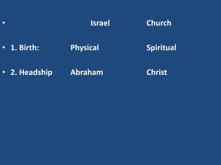 •                    Israel   Church

• 1. Birth:     Physical      Spiritual

• 2. Headship   Abraham       Christ
 