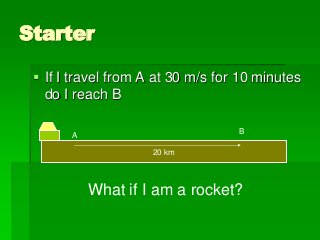 Starter
 If I travel from A at 30 m/s for 10 minutes
do I reach B
20 km
A B
What if I am a rocket?
 
