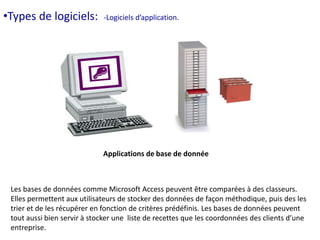 •Types de logiciels: -Logiciels d’application. 
Applications de base de donnée 
Les bases de données comme Microsoft Access peuvent être comparées à des classeurs. 
Elles permettent aux utilisateurs de stocker des données de façon méthodique, puis des les 
trier et de les récupérer en fonction de critères prédéfinis. Les bases de données peuvent 
tout aussi bien servir à stocker une liste de recettes que les coordonnées des clients d’une 
entreprise. 
 