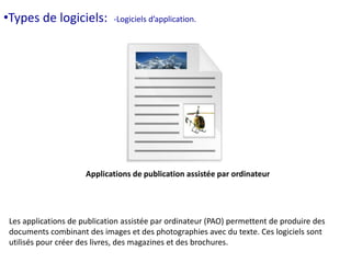 •Types de logiciels: -Logiciels d’application. 
Applications de publication assistée par ordinateur 
Les applications de publication assistée par ordinateur (PAO) permettent de produire des 
documents combinant des images et des photographies avec du texte. Ces logiciels sont 
utilisés pour créer des livres, des magazines et des brochures. 
 