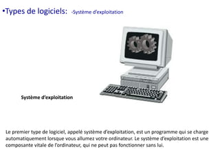 •Types de logiciels: -Système d’exploitation 
Système d’exploitation 
Le premier type de logiciel, appelé système d’exploitation, est un programme qui se charge 
automatiquement lorsque vous allumez votre ordinateur. Le système d’exploitation est une 
composante vitale de l’ordinateur, qui ne peut pas fonctionner sans lui. 
 
