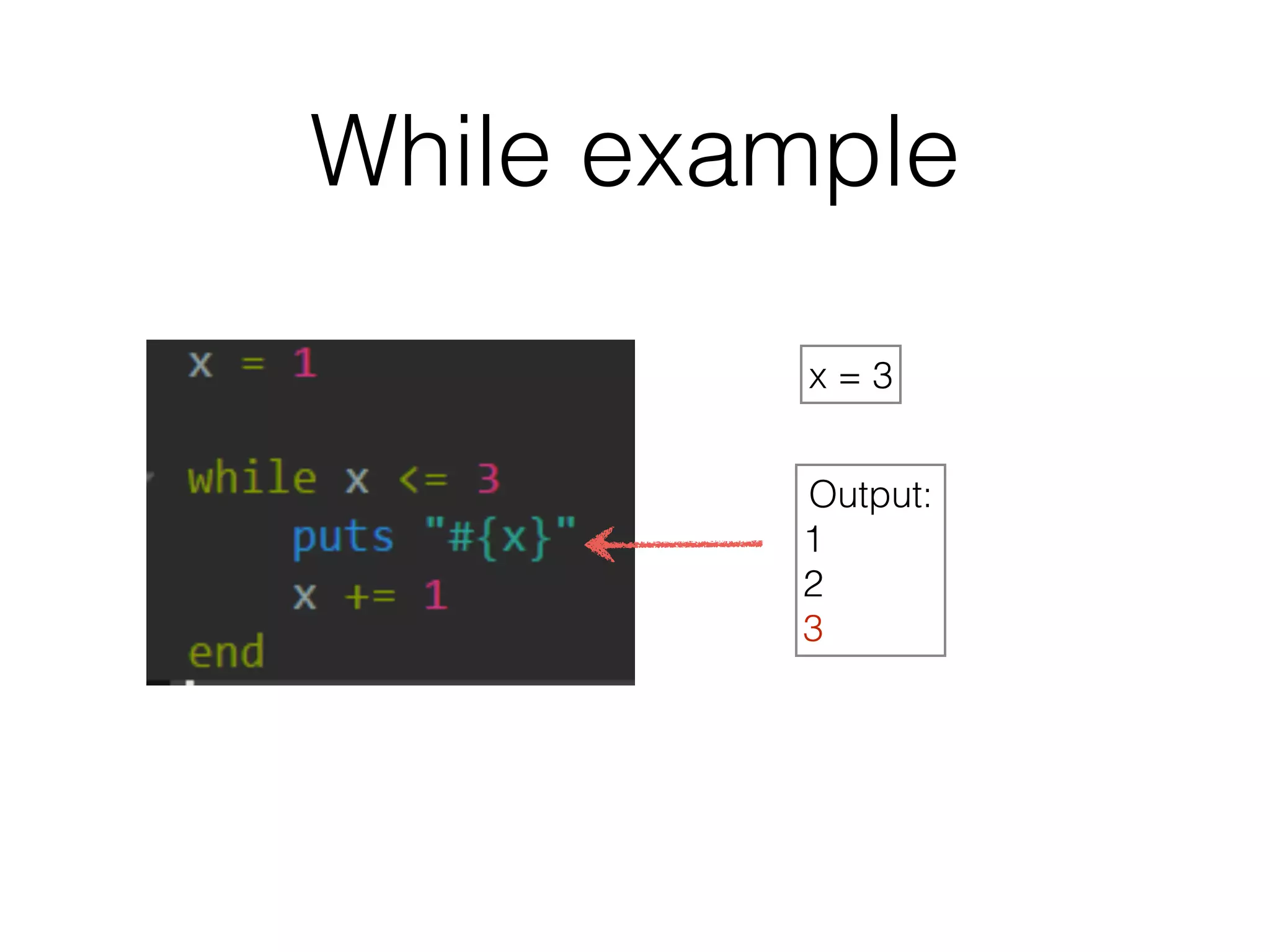 While example 
x = 3 
Output: 
1 
2 
3 
 