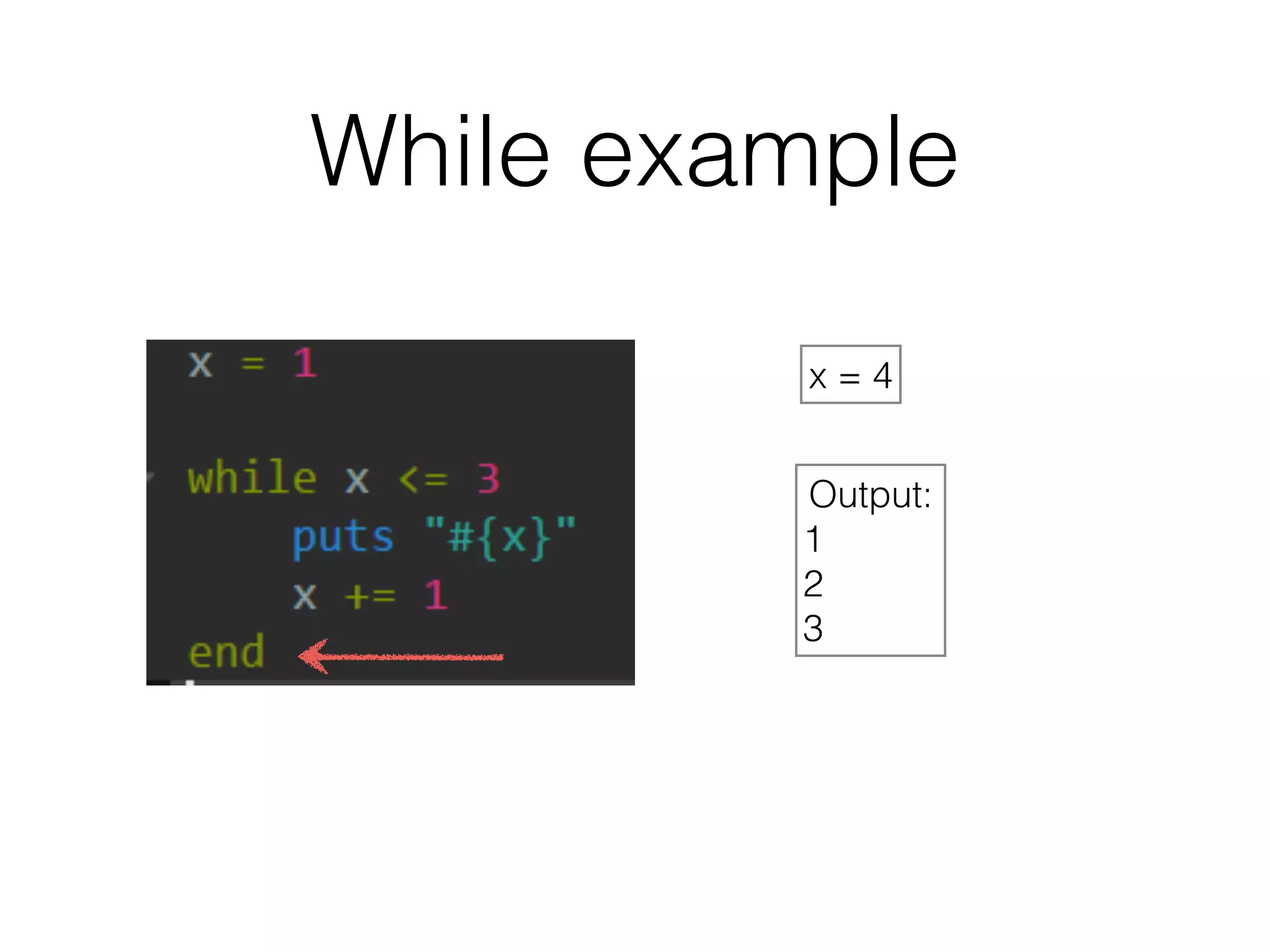 While example 
x = 4 
Output: 
1 
2 
3 
 